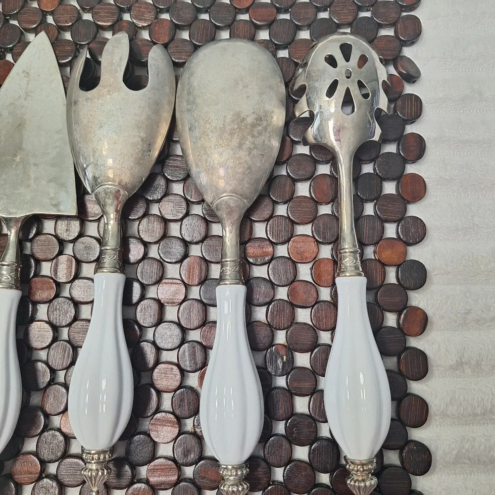 5 Pc Set Elegant Godinger Silver Plate Serving Set Porcelain Handle Victorian